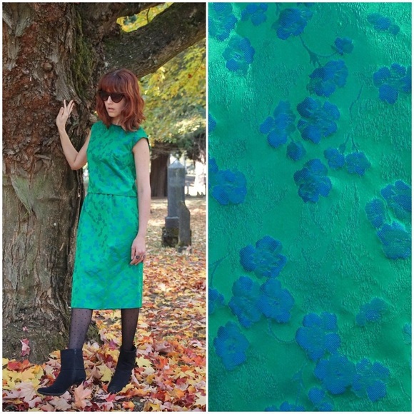 Vintage Dresses & Skirts - 60s Vintage Green Satin Brocade Skirt & Top Matching Set